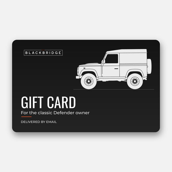 Blackbridge Motors gift card with a classic Land Rover Defender 90 silhouette
