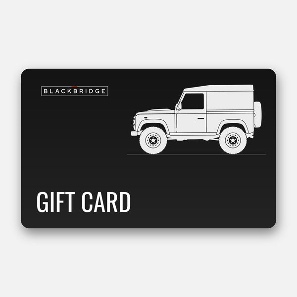 Blackbridge Motors gift card with a classic Land Rover Defender 90 silhouette