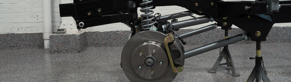 Brake disc, caliper and coil spring on a Blackbridge Mark X chassis