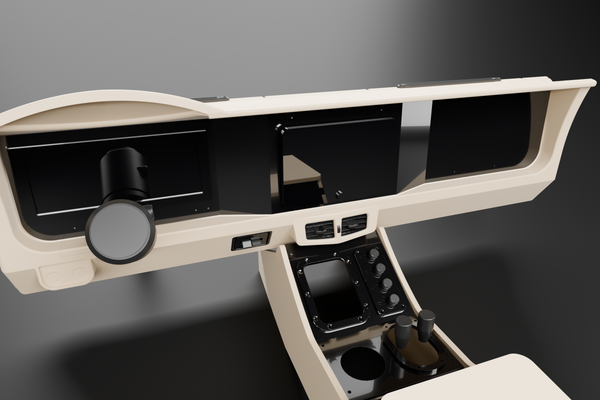 Rendering of the Dash Conversion Kit dash and center console, seen from the driver seat