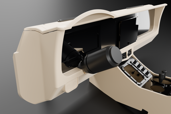 Rendering of the driver end of the Dash Conversion Kit dash: end cap, gauge hood, steering column and switch pod