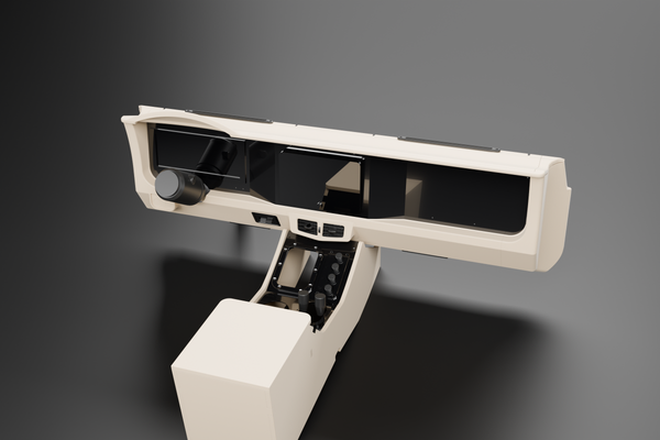 Rendering of the Dash Conversion Kit dash and center console for the Land Rover Defender, from the passenger side