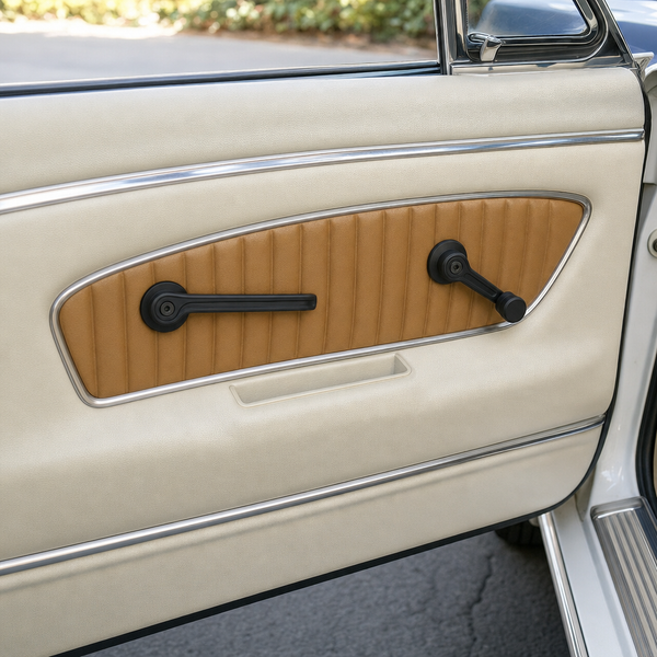 1965-1967 Ford Mustang door with the Blackbridge window crank handle and interior door handle in black anodized billet aluminum.